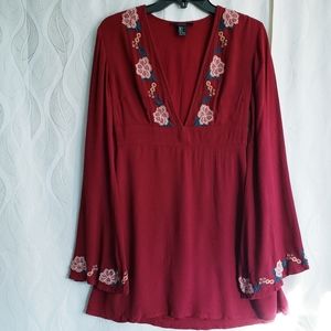 Maroon Long Sleeve Floral Embroidered Deep Vneck Boho Bell Sleeve Mini Dress